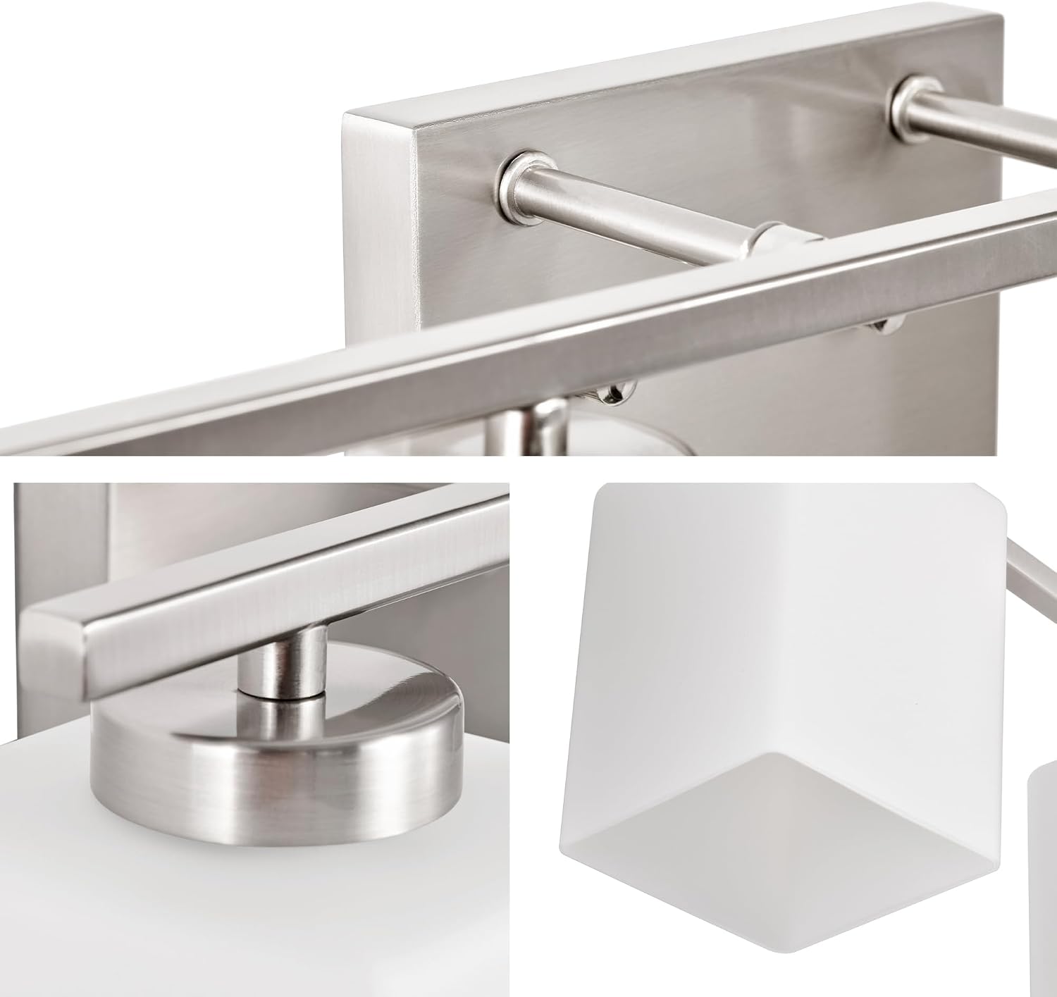 Edvivi Bathroom Light Fixtures, 4-Light Modern Brushed Nickel Vanity Light Over Mirror, Wall Sconces with Square White Glass Shades for Living Room, Bedroom, Hallway, E26 Base