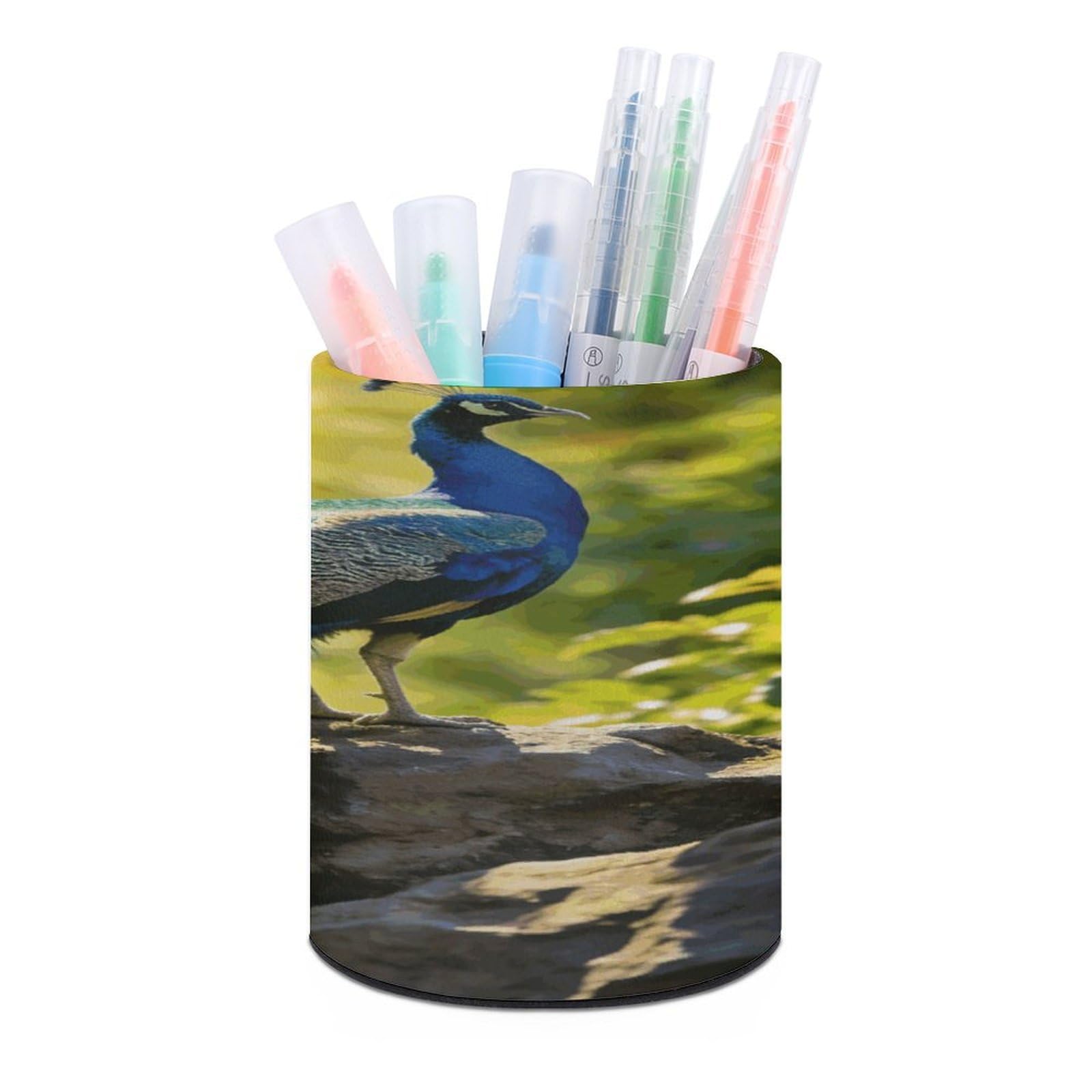 LZQPOEAS - Beautiful Peacock Pen Holder for Desk Organizer, Minimalist Modern Storage Case for Round PU Leather Pens Supplies