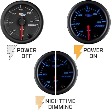 GlowShift Black 7 Color 60 PSI Turbo Boost Gauge Kit - Includes Mechanical Hose, 1/8-27 NPT Fittings & Wiring - Multi-Color Display - Black Dial - Clear Lens - for Diesel Trucks - 2-1/16 52mm