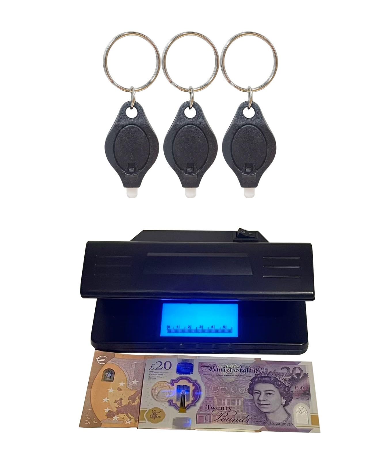 Counterfeit Uv Fake Light Money Note Detector Bank Checker Forged Tester Keyring Portable Battery Operated Detection ID Passport Polymer Paper Euro Dollar All Curreny Authenticity British Led Test