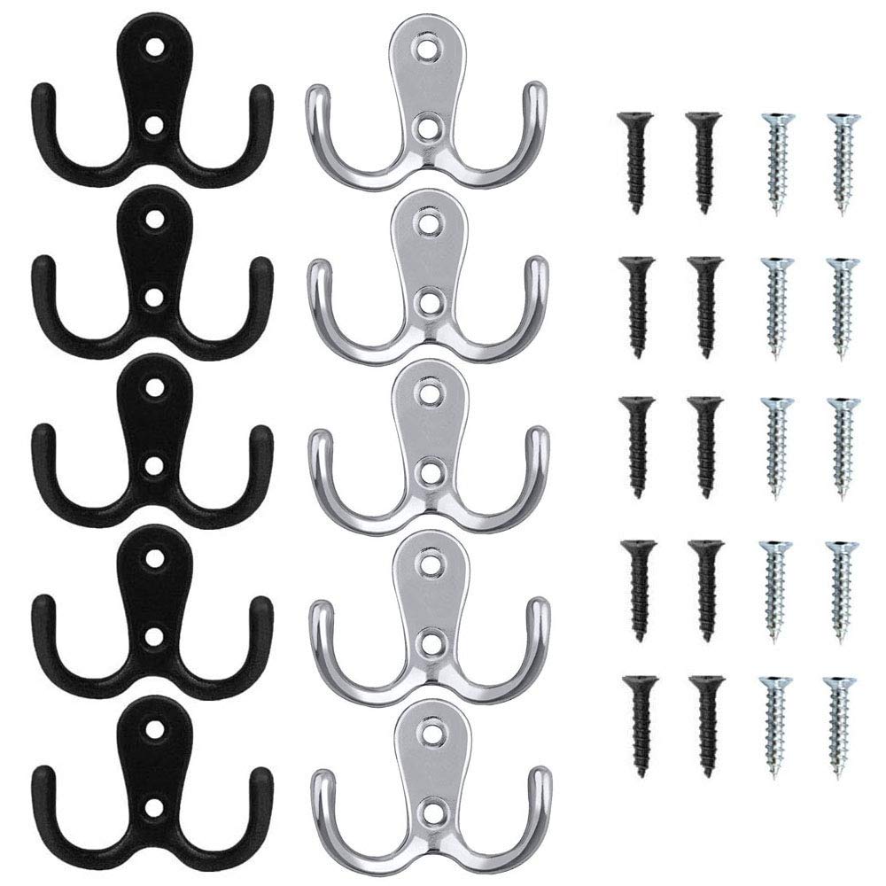 YNH Double Prong Robe Hook, 10 Pack Dual Coat Hooks Retro Metal Wall Mounted Hooks for Bathroom Bedrooms Kitchen