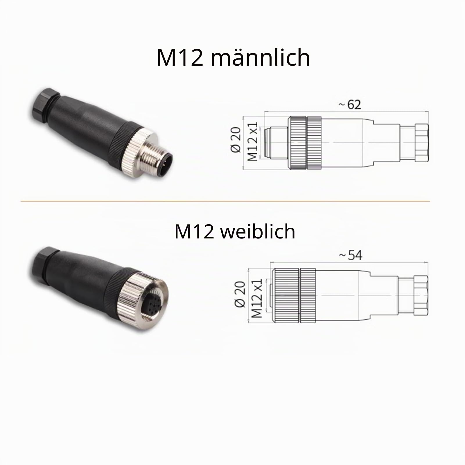 5 Stücke M12 4 poliger D Code Weibliche Rundsteckverbinder, vor Ort montiert mit 12mm verdrahtetem Sensor industrieller Rundstecker IP67 ungeschirmter gerader 250V 4A