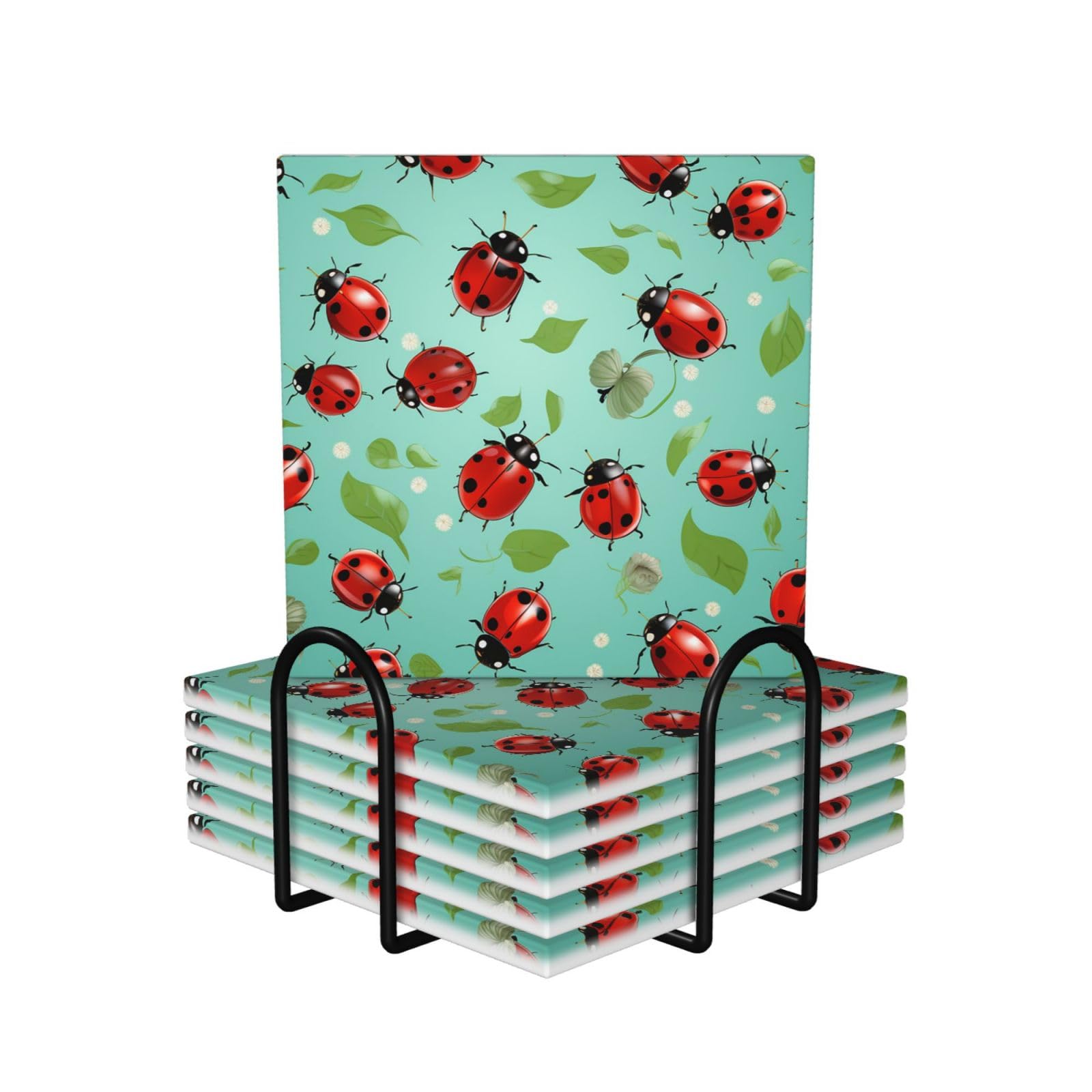 6Pcs Ceramics Coaster for Drinks, Red Ladybugs Cup Coasters with Holder, Aesthetic Drink Coasters for Coffee Table, Absorbent Round Coaster for Tabletop Protection 4" Cup Mat Pad