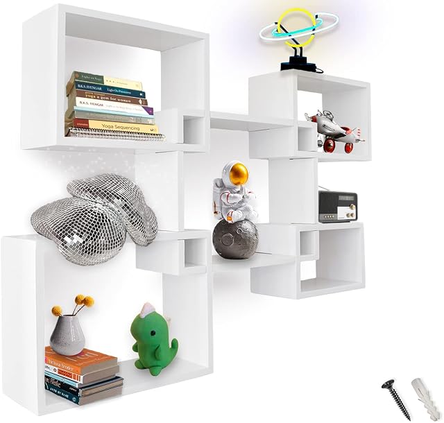 Modern Wall Mounted Square Shaped Floating Shelves Set of 5 Square Shelves for Bathroom, Bedroom, Living Room & More - Screws and Anchors Included Rustic Wall Décor Display for Home - White