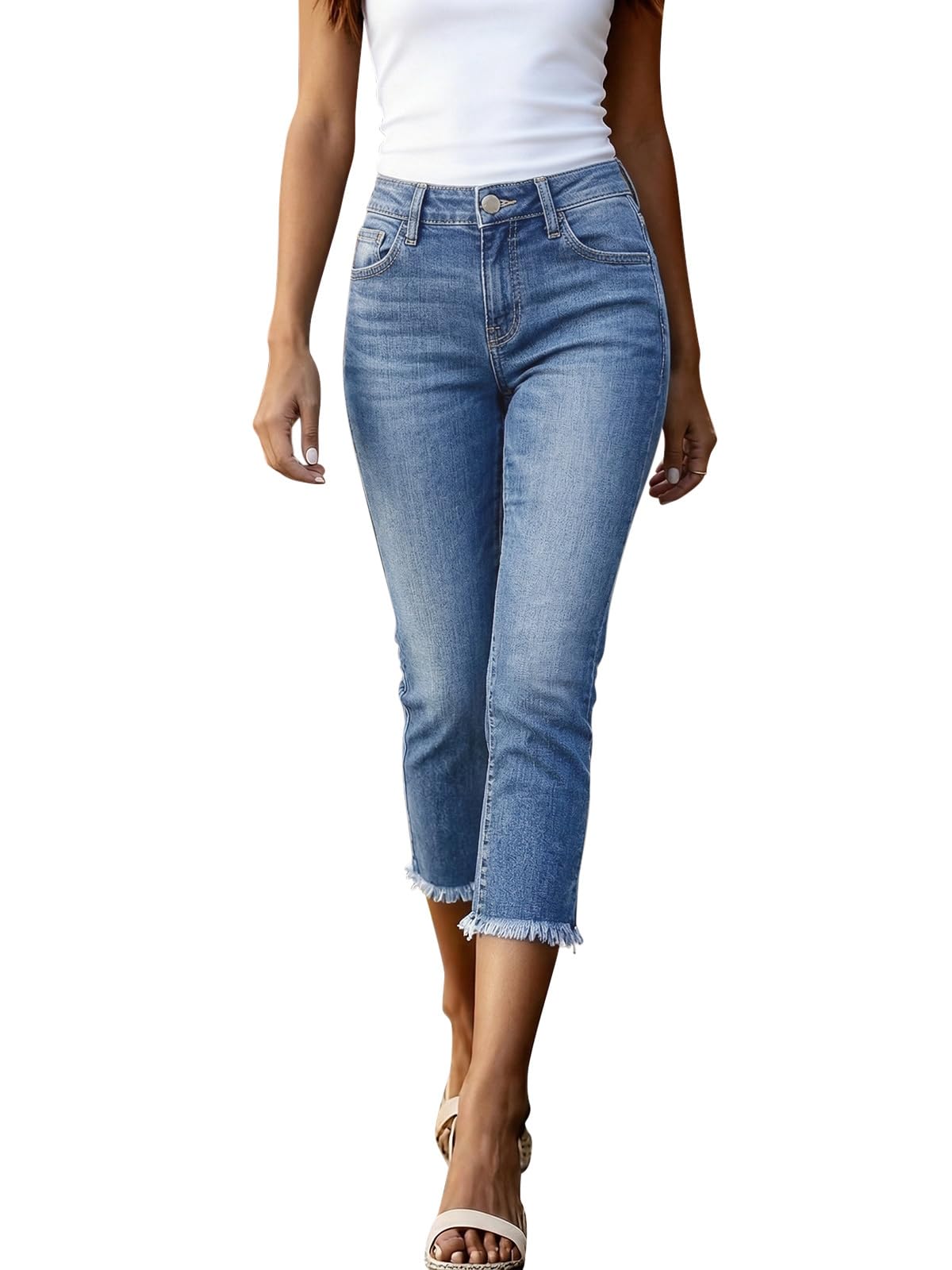 Onsoyours Capri Jeans Donna Estivi a Vita Alta Pantaloni Pinocchietto 3/4 Jeggings Elasticizzati con Tasche