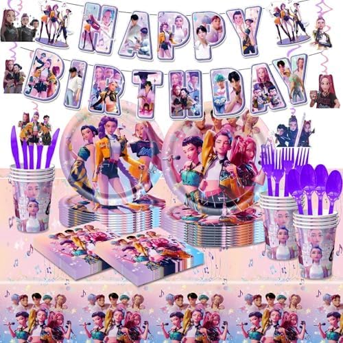 118 Psc For K Pop Demon Birthday Party Supplies Set, Demon Theme, Plates, Cups, Utensils, Napkins, Tablecloth