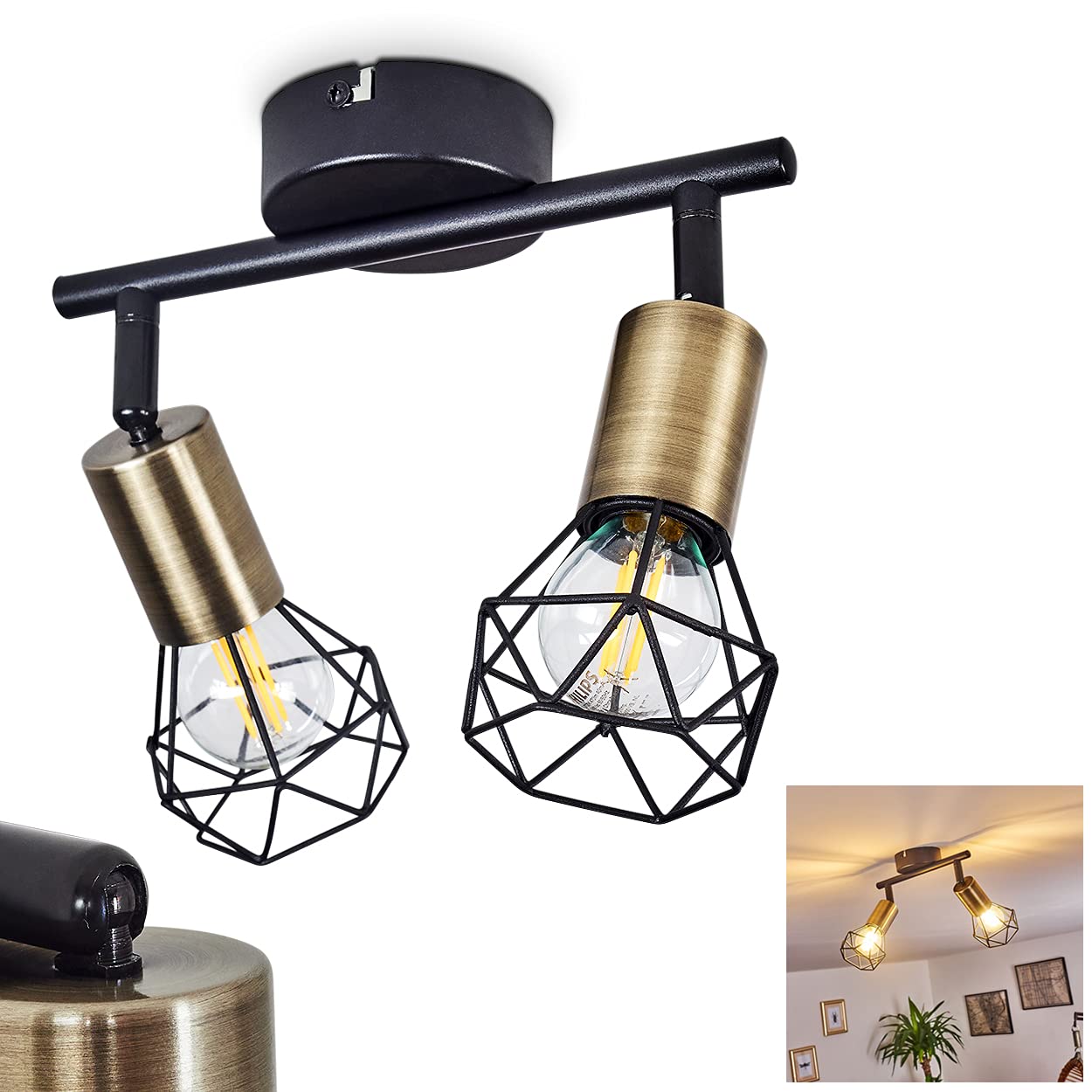 Hofstein Antique Brass, Brass, Black Ceiling Lamp Baripada, 2-Flame Room Lamp In Black And Brass, Lattice Lampshades With Light Effect, Spots Can Be Turned And Swivelled, E14, Without Bulbs