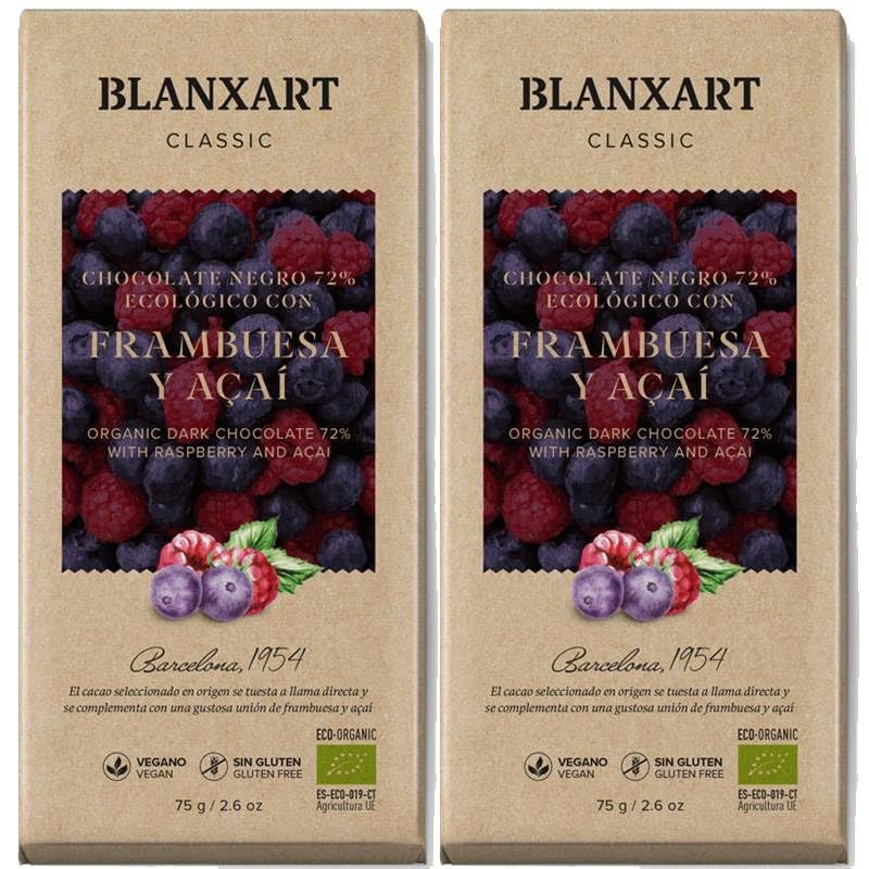 Pack 2 Chocolate Classic Negro Frambuesa y Açaí Blanxar Bio 75 g, 150 g total, tableta ecológica 72% cacao, con frambuesa y açaí, chocolate negro de sabor intenso.