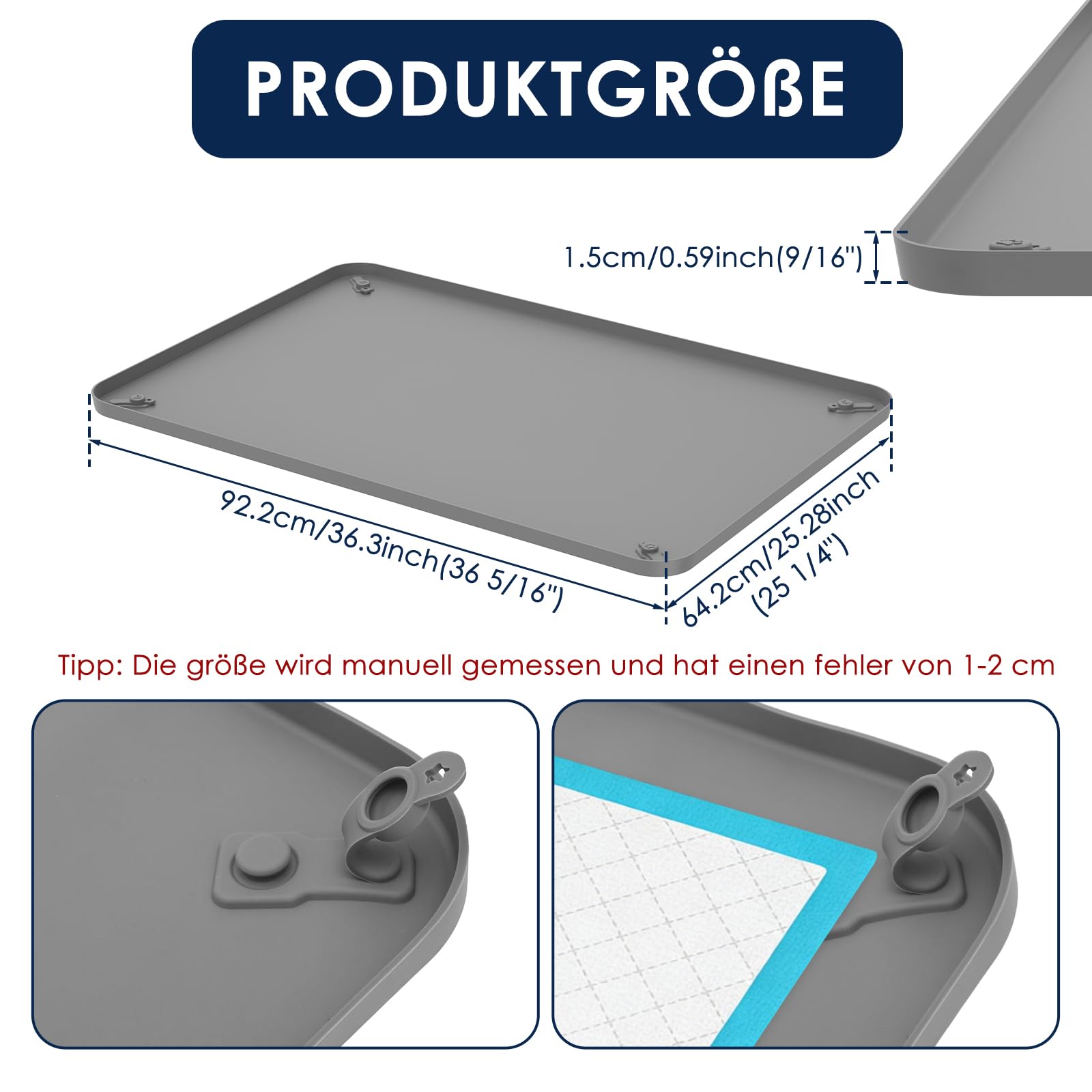 Silikonmatte Tablett für Hunde,Silikon-Urinauffangmatte,Urinierpad-Halter für Hunde, Katzen, Kaninchen, Auslaufsicher, Hundetrainingsmatten zum Schutz des Fußbodens zu Hause (Grau-92 * 64cm)