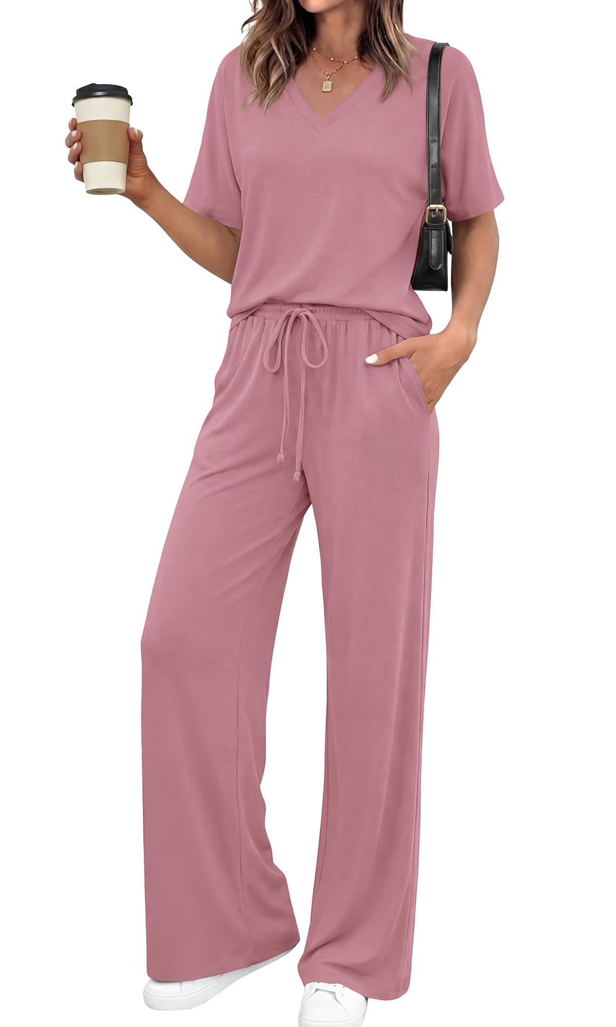 2 Piece Sets for Women Summer V Neck Short Sleeve Lounge Set Wide Leg Pants Matching Set Airport Travel Outfits-image-28