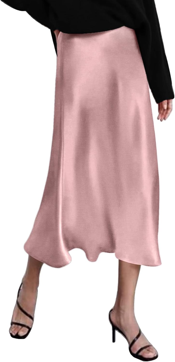 Zeagoo Skirts for Women High Waist Skirt Elegant Midi Skirt Satin