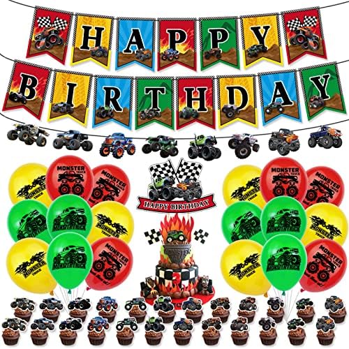 45Pcs Monster Truck Birthday Party Supplies Party Favors Monster Truck Shape Banner Happy Birthday Banner Balloons Cake Topper Cupcake Toppers