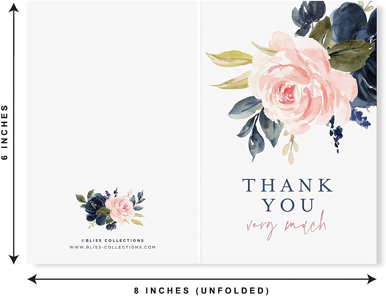 Bliss Collections Dankeskarten mit Umschlägen, 25 Stück, 4x6 gefaltet, gefaltet, Bulk, marineblaues Blumenmuster, perfekt für Hochzeit, Brautparty, Beerdigung oder eine tolle Art, Danke zu sagen