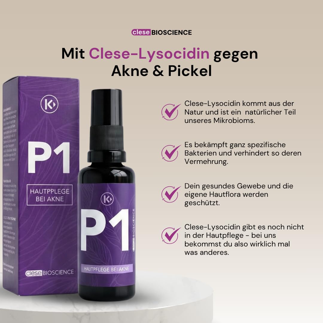clese P1® Akne‑Spray 50 ml – 100% veganes Anti‑Pickel Hautspray | Auch für hormonelle Akne geeignet | Sanfte Akne Behandlung ohne Alkohol & schädliche Inhaltsstoffe | Made in Germany