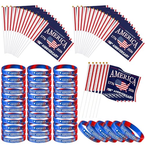 100 Pack 250th Anniversary Decorations Include 50 Patriotic Silicone Bracelets 50 Small American Flags on Stick 1776-2026 America 250th Birthday 4th of July Accessories for Parades Independence Day