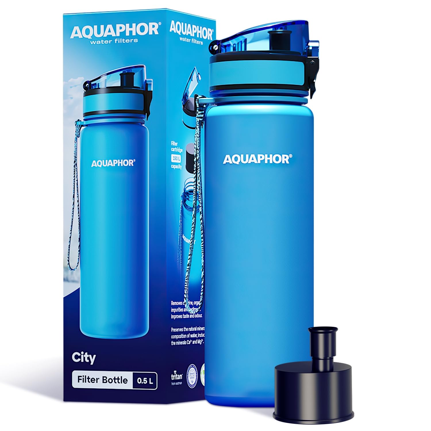 Aquaphor Blue City Bottle 500Ml | Travel Water Bottle With Activated Carbon Filter | Filters Chlorine & Impurities | Made Of Tritan & Bpa-Free | Stay Hydrated On The Go!