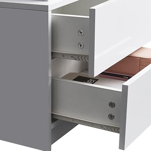 Miniatura 7 de CLIPOP Moderna mesita de noche, mesita de noche LED con 2 cajones de alto brillo, armario de mesita de noche con luz de control remoto, mesita de