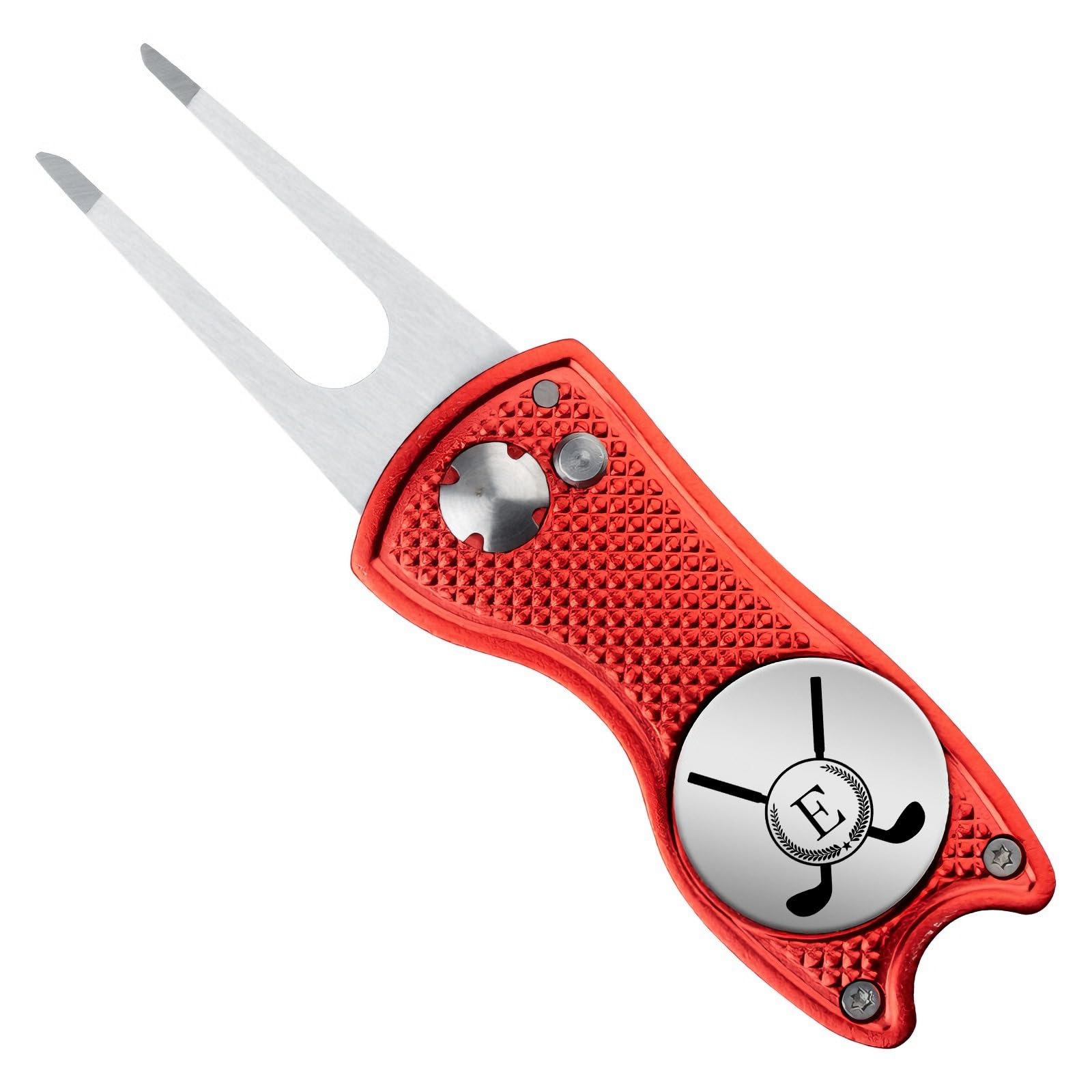 Golf Divot Repair Tool With Pop-Up Button & Magnetic Ball Marker Pitch Mark,Personalised Golf Pitch Mark Repairer Tool With Initial For Professional Golfers (Red Golf Divot Repair Tool, Initial E)