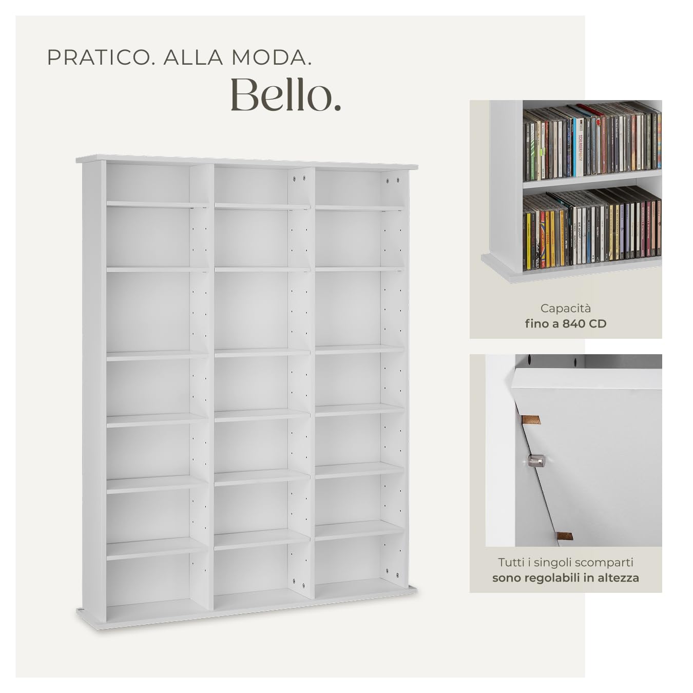 tectake® Scaffale Verticale per CD/DVD, 18 Ripiani Regolabili, Costruzione Stabile in MDF, Supporto Anticaduta, Bianco Opaco, 105,5 x 19 x 136,5 cm, Per Archivio Libri e Documenti - Bianco Opaco
