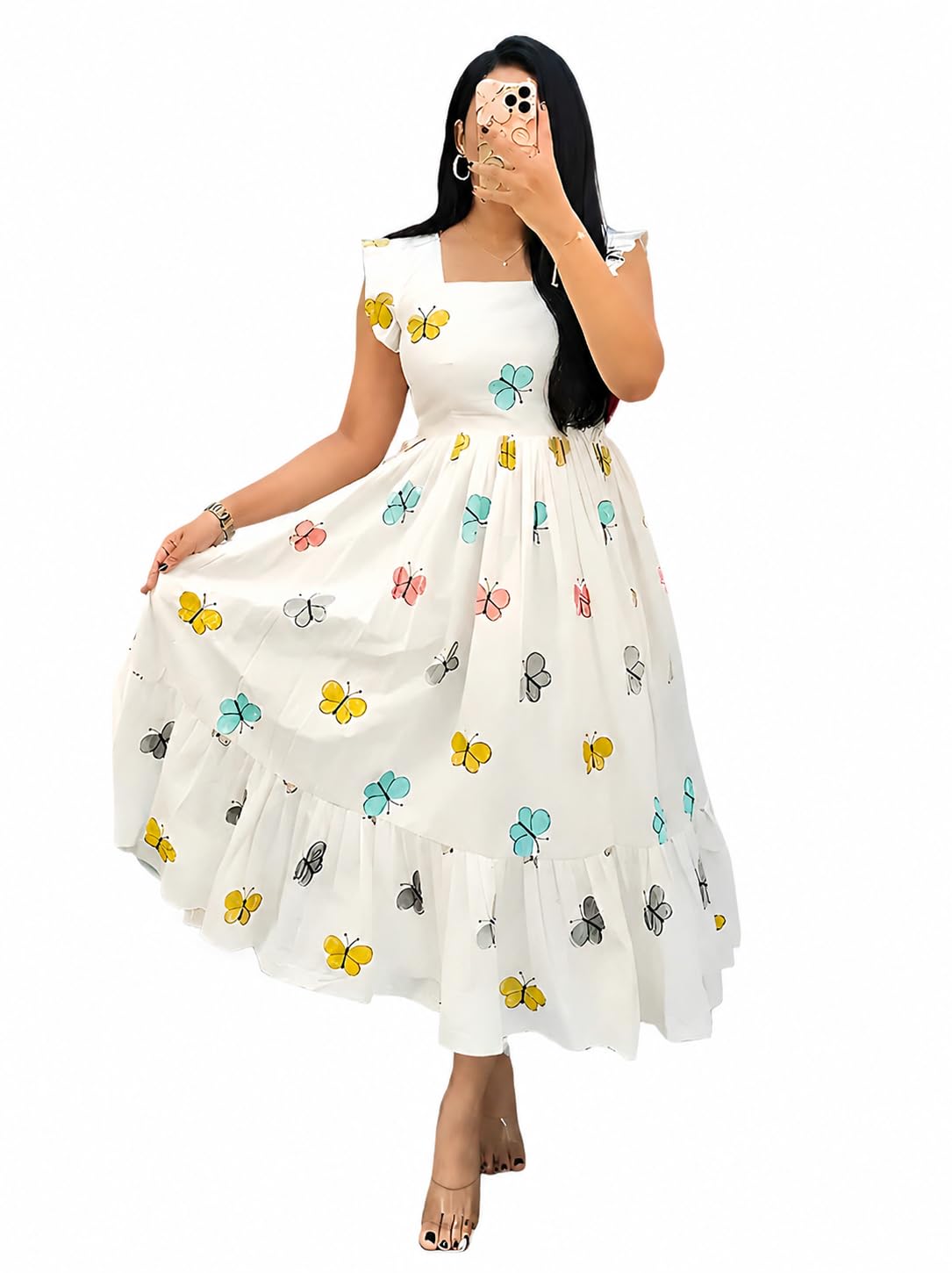 justher Women's Butterfly Print Maxi Frock | Square Neck A-Line Gown for Women | Stylish Western One Piece Dress | Casual Summer Dress for Women-picture-17
