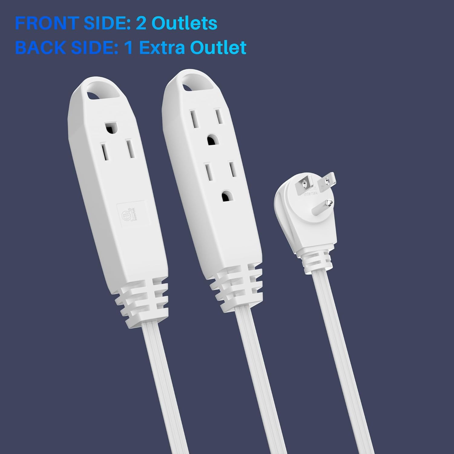 3-Outlet Flat Extension Cord 1.5 FT, 16 Gauge Extension Cable, Flat Plug, Multi Outlet, 3 Prong Angled Plug, SPT-3 Power Strip Indoor Extension Cable, ETL Listed, White