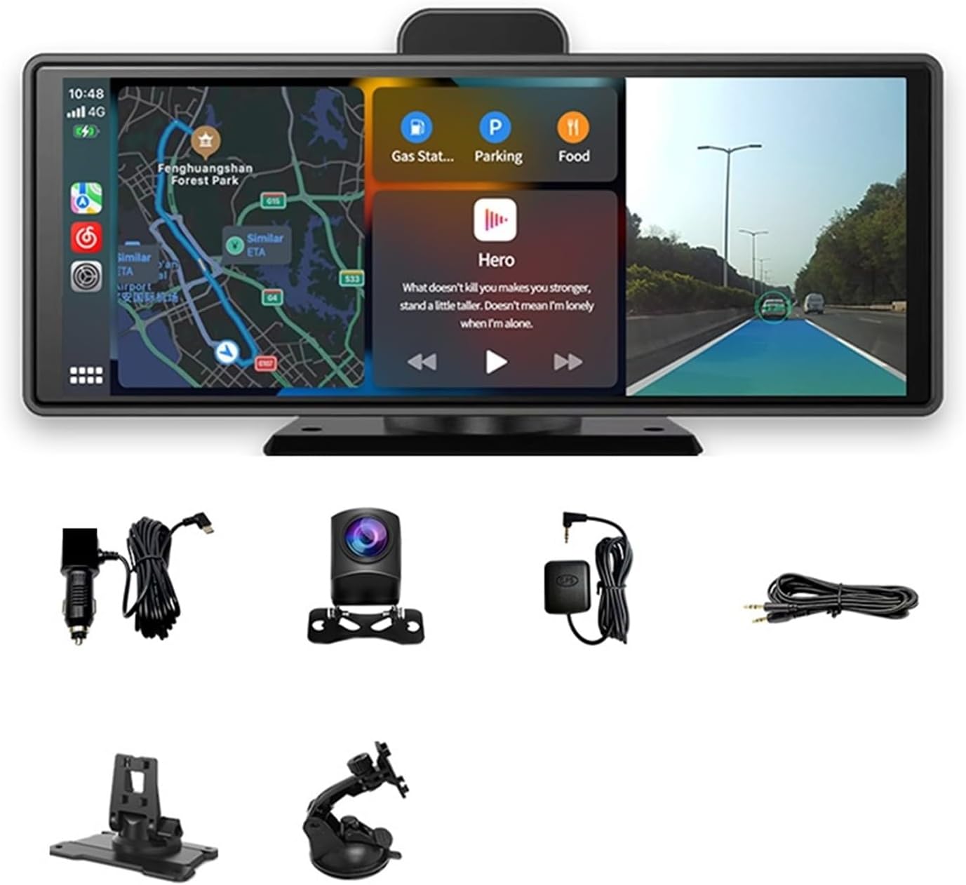 Main product unit, power cable, rear camera, GPS antenna, AUX cable, and two types of mounting brackets.