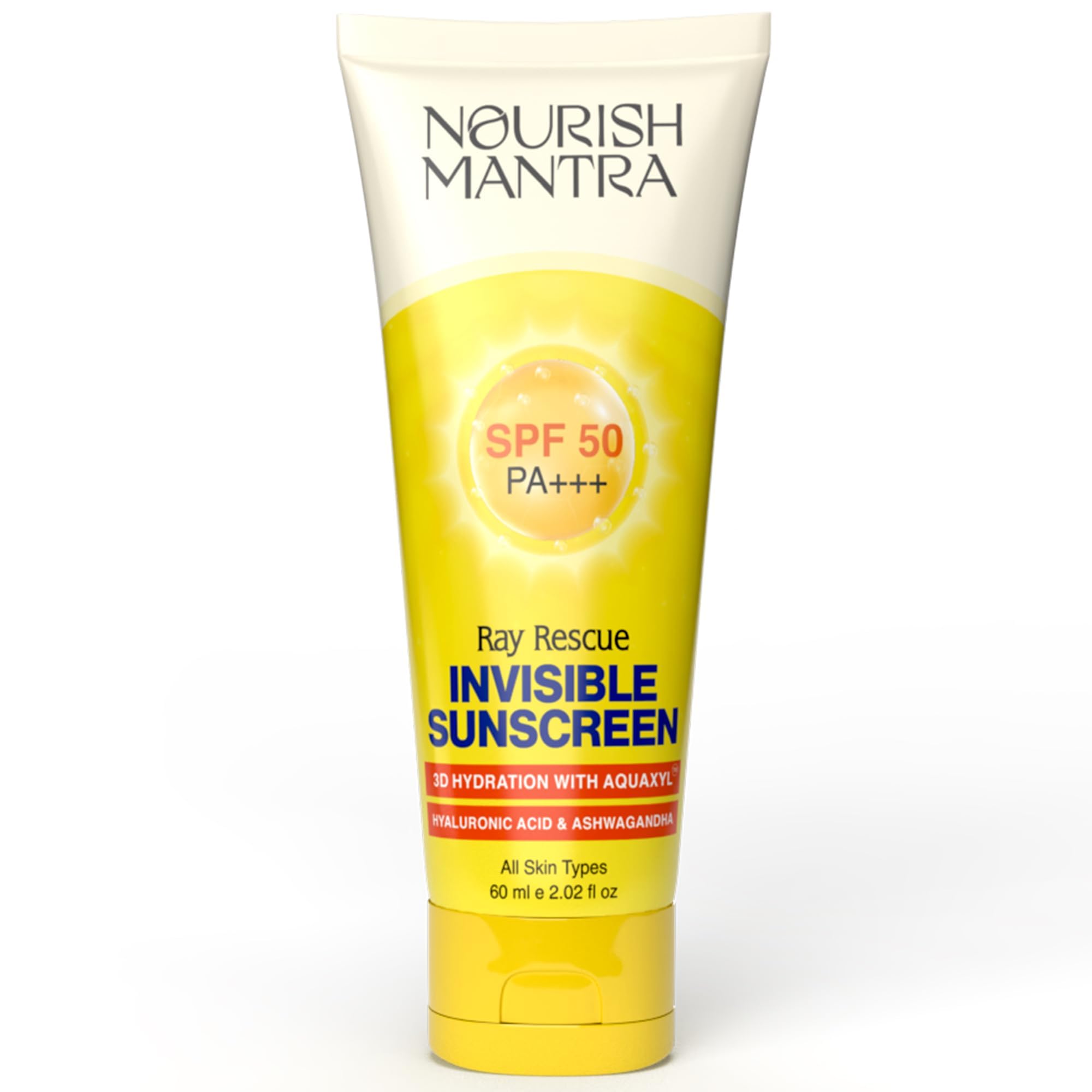 Ray Rescue Sunscreen/Sunscreen SPF 50/ Formulated With Hyaluronic Acid, Aquaxyl, Aloe Vera Extracts & Ashwagandha Extracts/No White Cast/For Both Men & Women /60ml