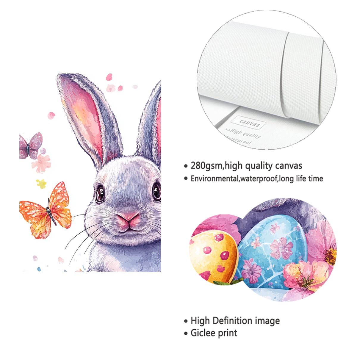 Estampado de huevos de Pascua con punteado de conejo en acuarela sobre patrones de lienzo Imágenes Ilustraciones navideñas mariposas para la decor de las escaleras del pasillo dormitorio 75x115cm