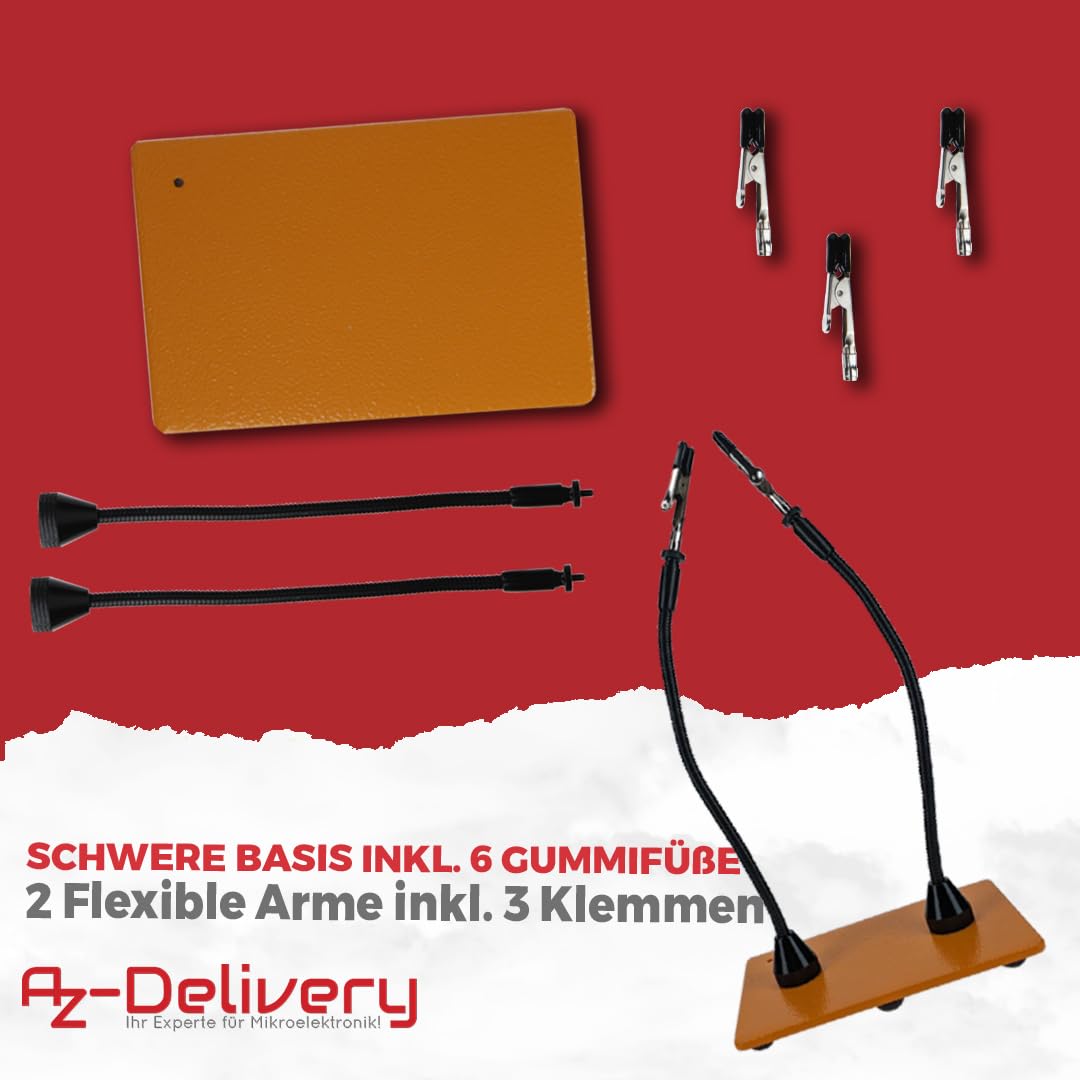 AZ-Delivery Magnetische Dritte Hand Lötstation – Professionelle Löthilfe mit 2 Verstellbaren Helfenden Armen, Platinenhalter & Kleine Krokodilklemmen – Ideal als Lötzubehör & löten lernen