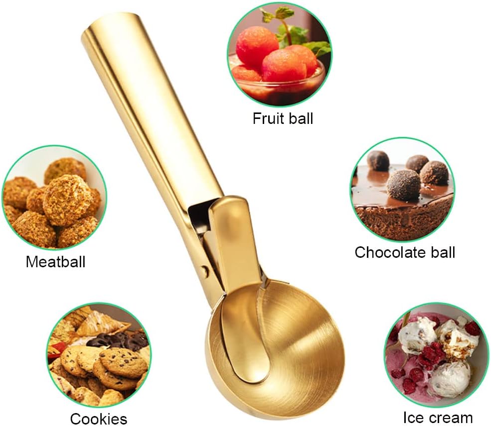 Ice Cream Scooper Stainless Steel, Cookie Scoopwith Trigger Heavy Duty Metal Icecream Scoop,Cookie Scoop Large Size Perfect For Frozen Yogurt, Gelatos, Sundaes (C-Gold 2Pack)