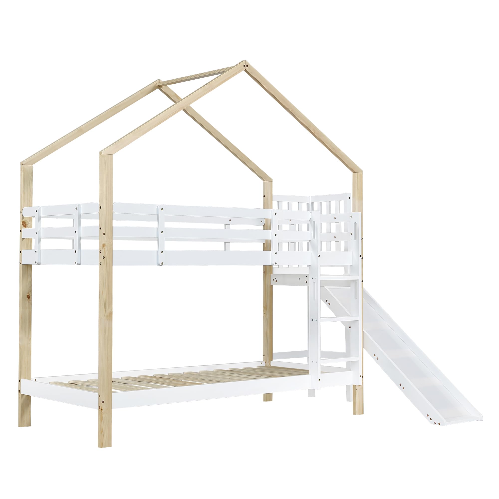 Moimhear Litera con tobogán y escalera angular de tres niveles, cama con protección contra caídas, cuna, marco de cama de madera maciza, color blanco y natural, 90 x 200 cm