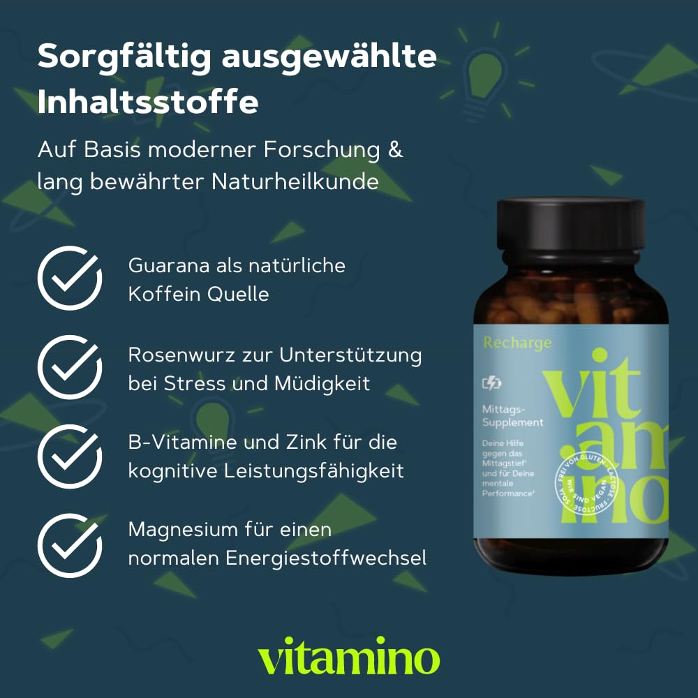 Vitamino Recharge - Koffeinhaltige Kapseln mit Guarana, Grüntee, B-Vitaminen uvm., für Deine mentale Performance - Vegan, Glutenfrei, Lactosefrei
