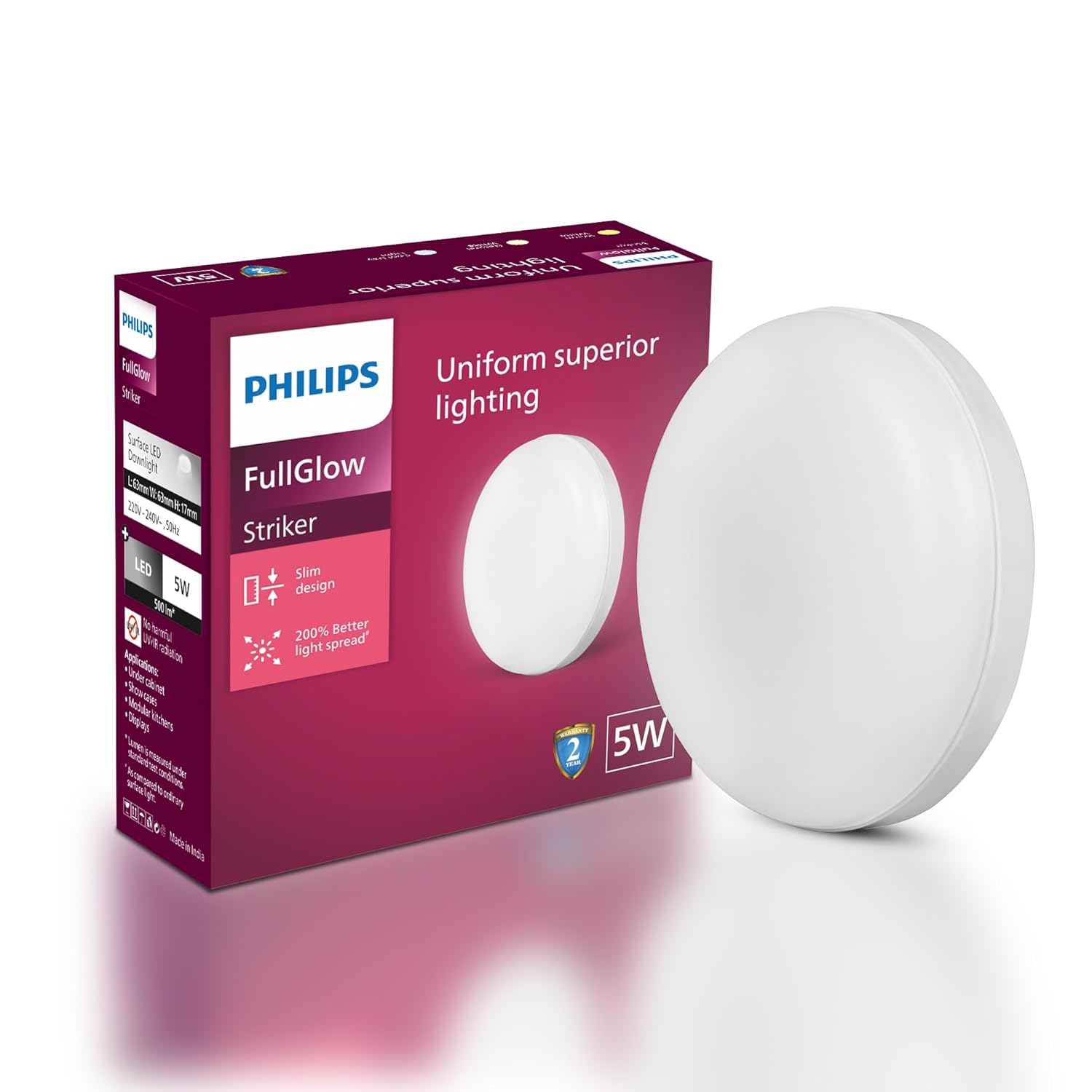 PHILIPS Rimless Full Glow 5-watt Round LED Surface Downlighter | Striker Surface Under Cabinet LED Light for Decoration | Cool Day Light, Pack of 1-Polycarbonate PHILIPS Rimless Full Glow 5-watt Round LED Surface Downlighter | Striker Surface Under Cabinet LED Light for Decoration | Cool Day Light, Pack of 1-Polycarbonate