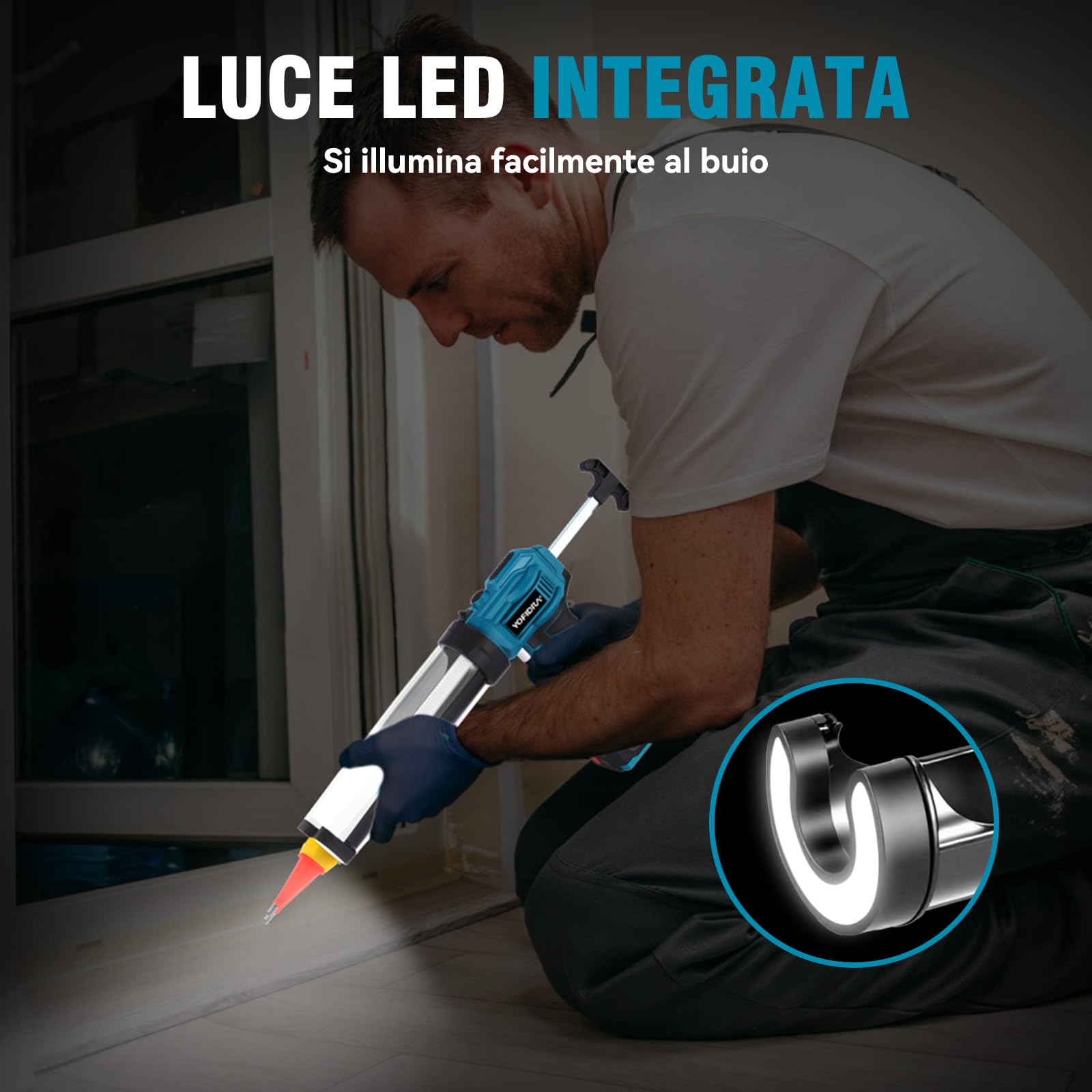 Yofidra Pistola a Cartuccia Elettrica, Batteria 2 x 2.0Ah, 4 Velocità, Illuminazione LED, Pistola per Cartucce di Silicone, Pistola per Cartucce da 300ml, Sigillatura, Stucco, Senza Perdite