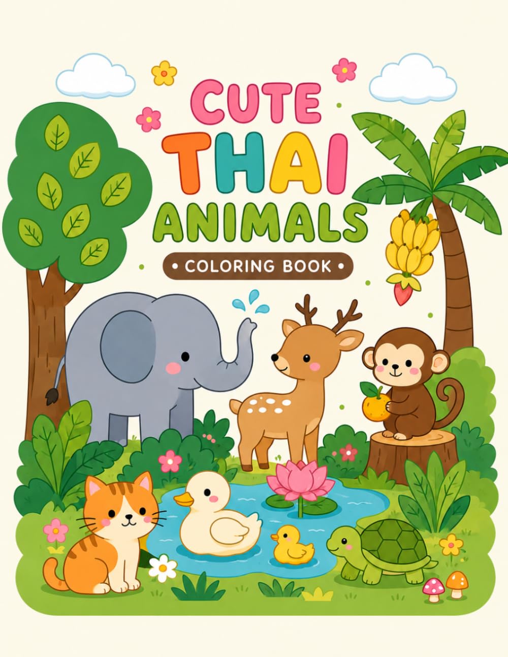 Cute Thai Animals Coloring Book: 36 Easy and Adorable Coloring Pages Inspired by Thailand's Friendly Wildlife and Nature