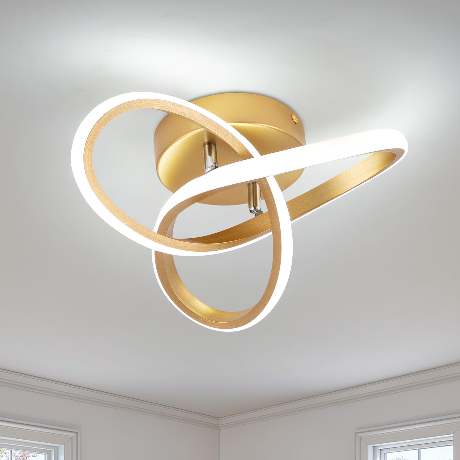 LED Ceiling Light,25cm 22W Flower Shape Gold LED Ceiling Lights, 6000K Cool White Light Lamp, Modern Ceiling Lights for Living Room, Bedroom, Kitchen, Hallway, Office - Brushed Gold