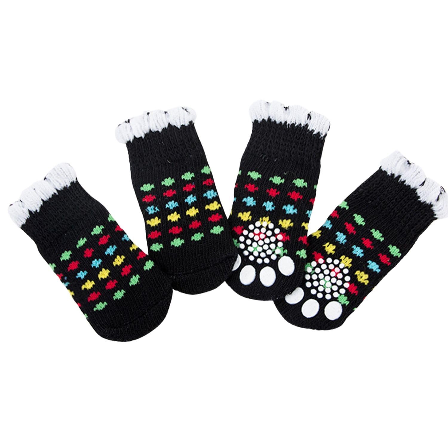 MeiAOBest 4PCS Pet Socks,Cute Knitting Anti-Slip Cat Dog Floor Socks Paw Protectors Cove for Indoor Outdoor Hot Pavement Hardwood Floor Protection_S(Black Dots)