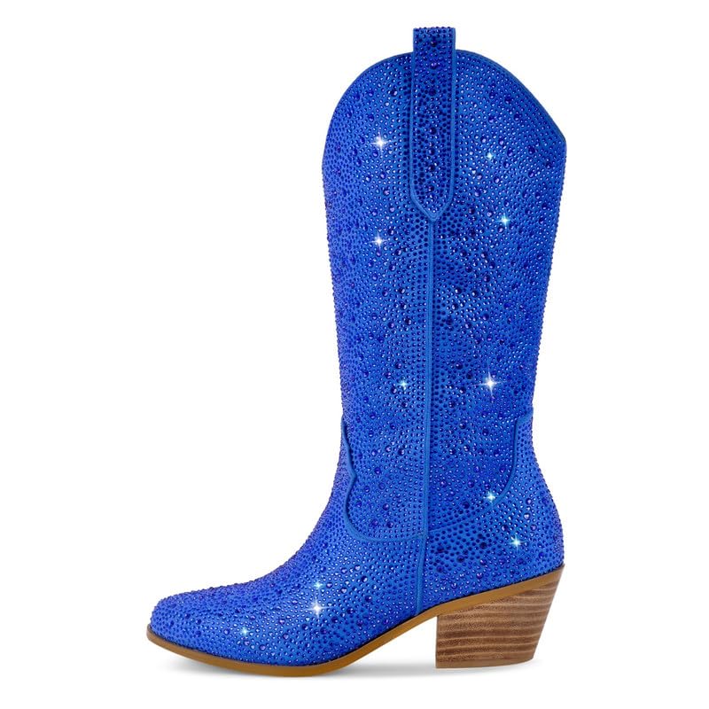 Image of Richealnana Sparkly Rhinestones Cowboy Cowgirl Style Boots Calf High Boots for Women 2INCH Heeled Shining Pull On Tabs