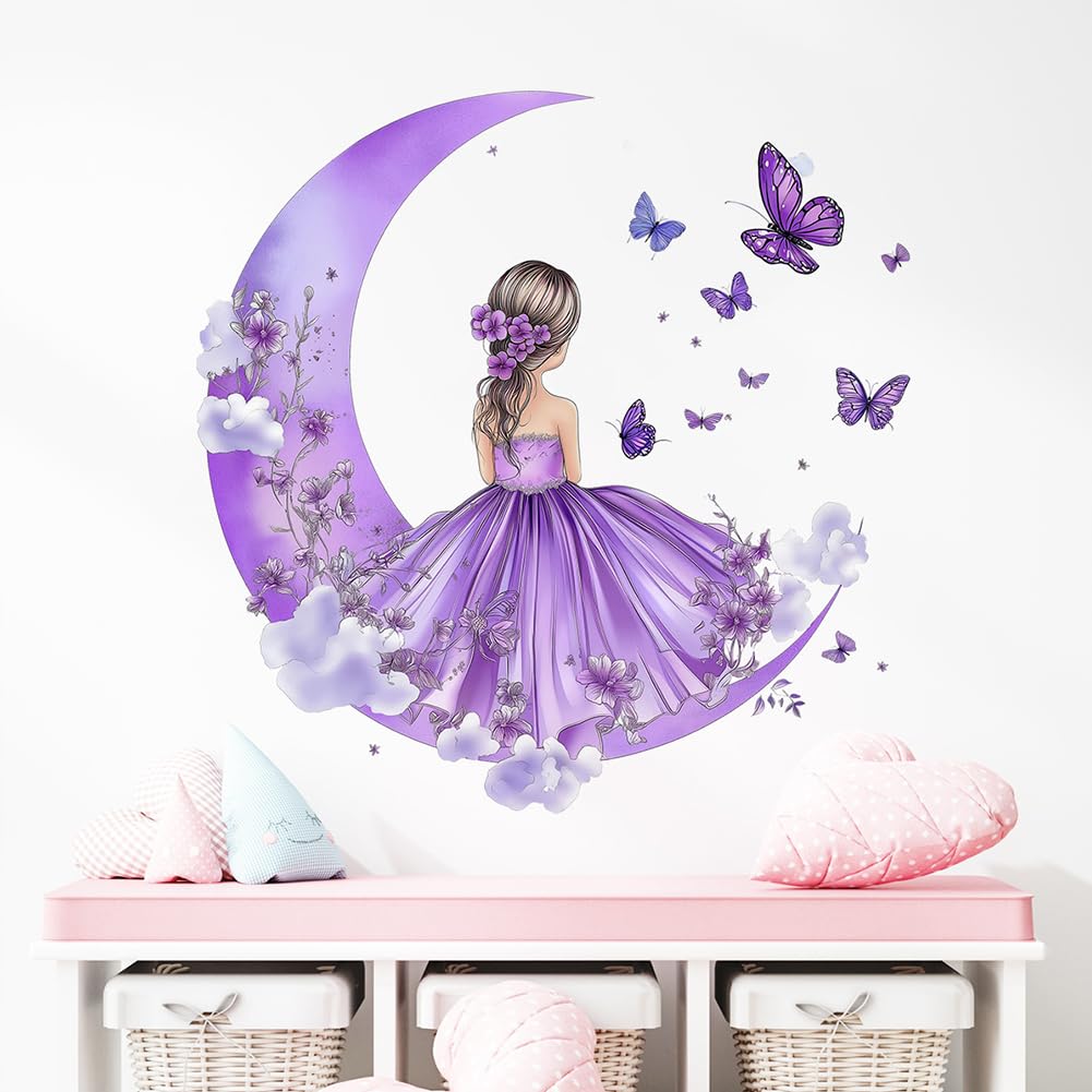 Jynxtoyzeal Girls Purple Butterfly Wall Stickers,Moon Clouds Flower Fairy Wall Decal, Wall Decals Butterflies Wall Stickers For Bedroom Baby Nursery Kids Bedroom Wall Decor