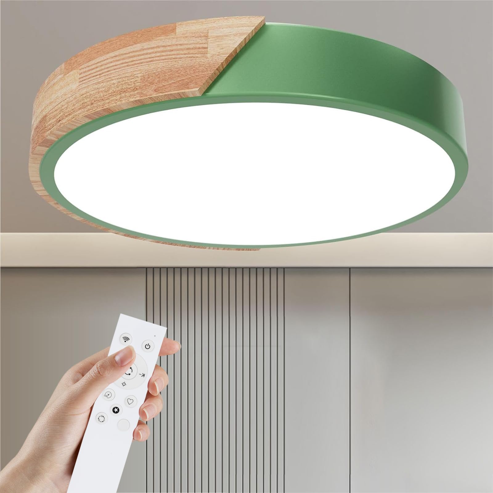Yexati Houten plafondlamp, dimbaar plafond, 3000 K-6000 K, led-plafondlamp, afstandsbediening, 32 W, moderne lamp voor woonkamer, slaapkamer en hal, 30 cm, wit