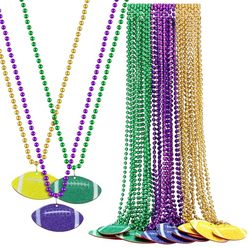 XunYee 24 Pcs Mardi Gras Decoration Mardi Gras Beads Necklace Glitter Throws Bulk Football Necklaces Yellow Green and Purple Beads Necklaces for Football Decorations Party Favors