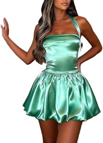 Women Satin Halter Dress Y2K Sleeveless Tie Up Backless A-line Bubble Mini Dress Elegant Party Puff Bubble Dresses