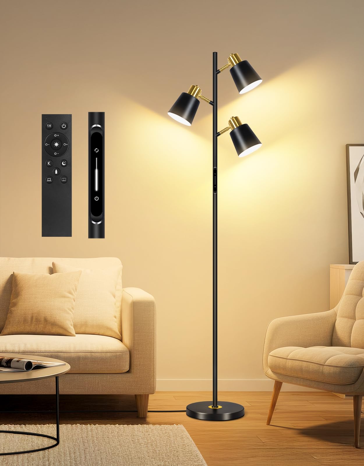 OUTON Lampara de Pie LED Regulable con Control Remoto y Táctil, 36W 2700LM, 4 Temperaturas de Color, 3 Luces Giratorias, Lámpara de Pie Lectura para Sala de Estar, Dormitorio, Oficina, Negro