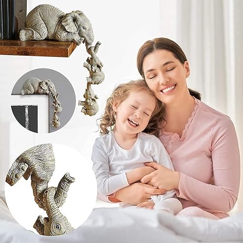 Miniatura 4 de Juego de 3 estatuas de elefante madre y dos bebés colgando del borde de un estante o mesa figuras de elefante de resina para colgar