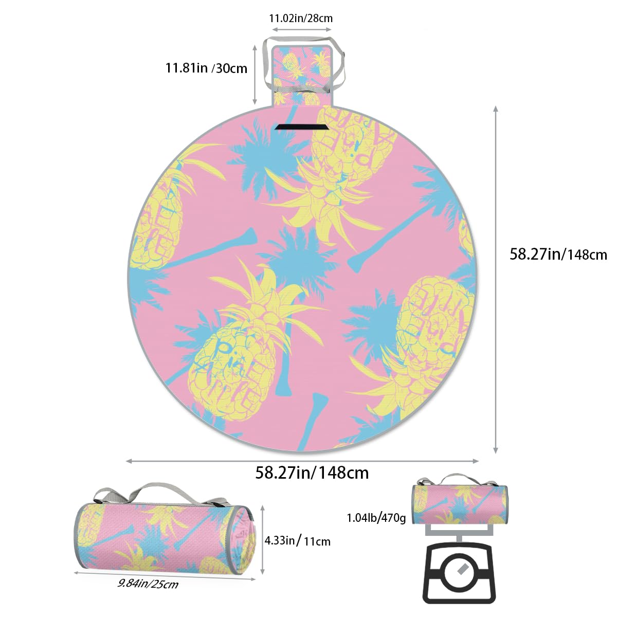 Shimoshe Abstract Tropical Pineapple Picnic Outdoor Blanket Foldable Waterproof Sandproof Beach Blanket Portable Water-Resistant Round Picnic Mat for Travel Camping Park Lawn