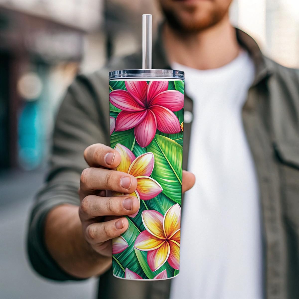 Tropical Plumeria Floral Pattern Skinny Tumbler 20oz with Straw Insulated Water Bottle Gift