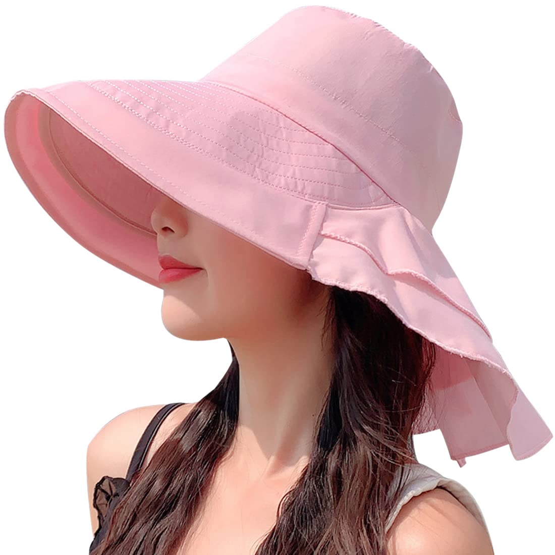 Xrdss Women's Pink Ponytail Sun Hat With Neck Flap Summer Hats Wide Brim Uv Protection Cap (Pink)