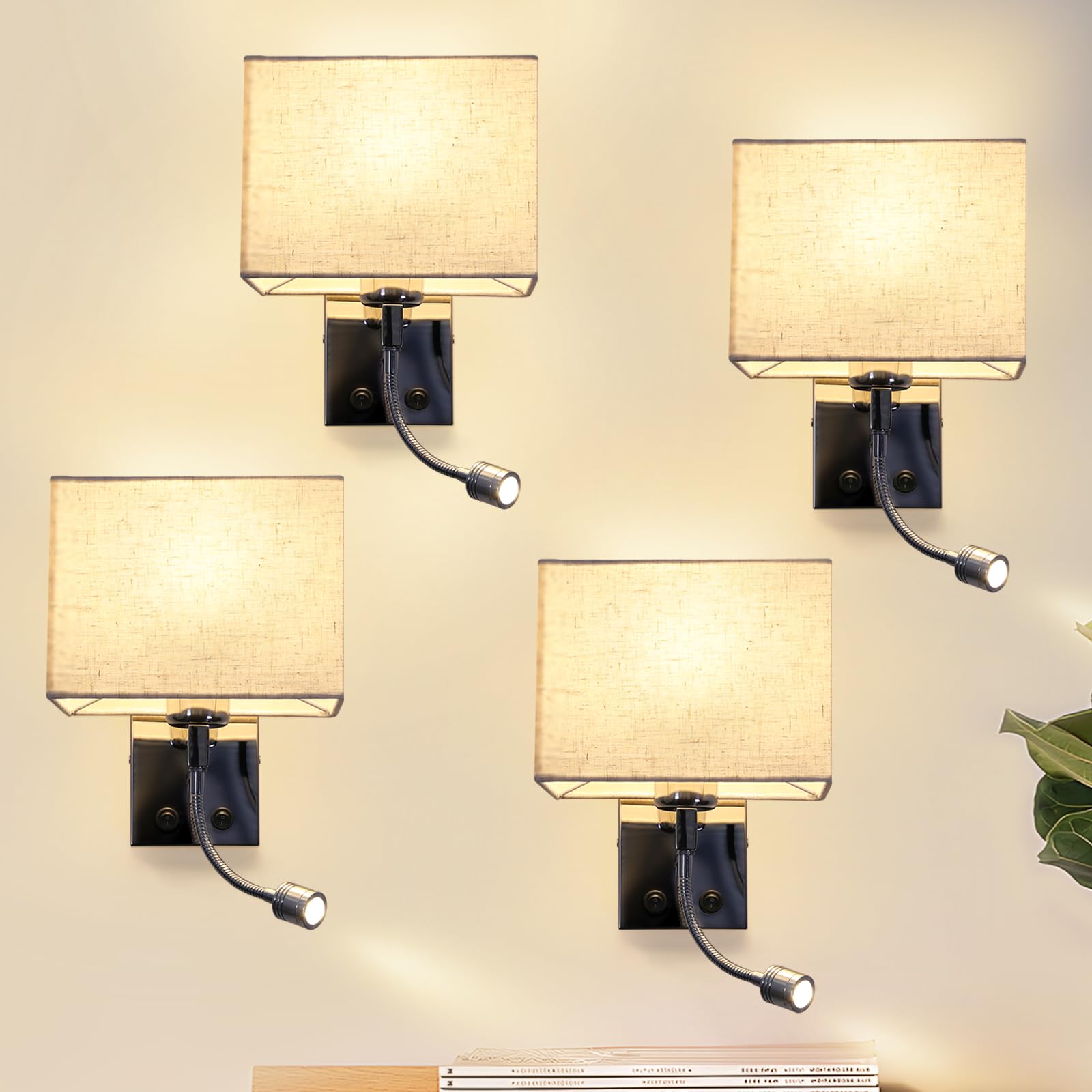 ZMH 4ER Wandleuchte Innen Schlafzimmer mit LED Leselampe 360° Schwenkbar | Wandlampe Quadratisches Stoffschirm Design Wandstrahler Schalter E27 Modern Wandbeleuchtung für Hotel- Ohne Leuchtmittel