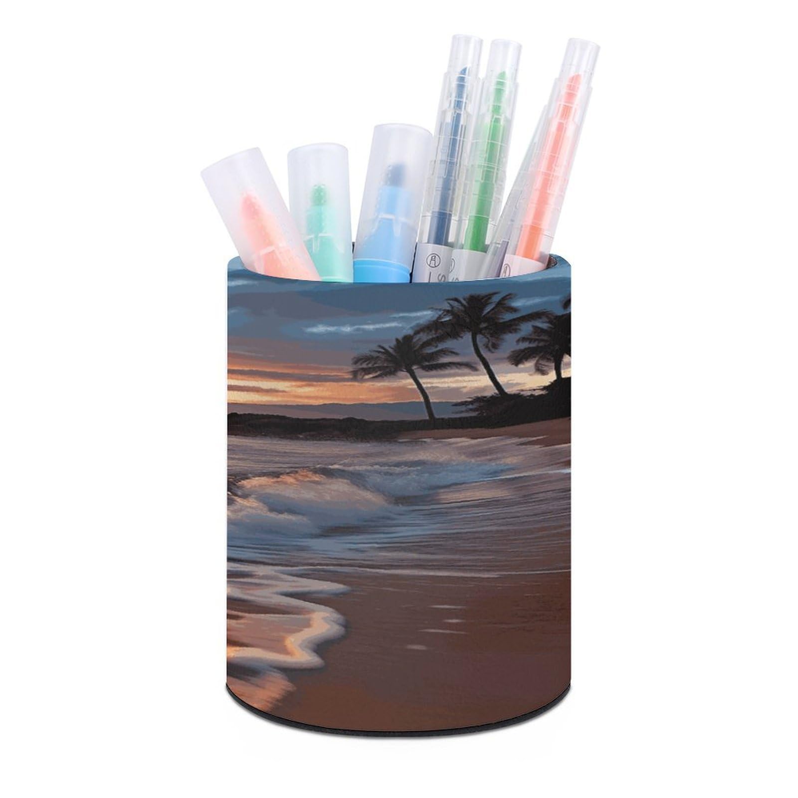 Beach Maui Hawaii Sunset Sea Waves Clouds Pen Holder Multi-Functional Round Pencil Holder Cute Office Decoration Pen Cups Simple Design PU Leather Paintbrush Cups for Home Office Desk