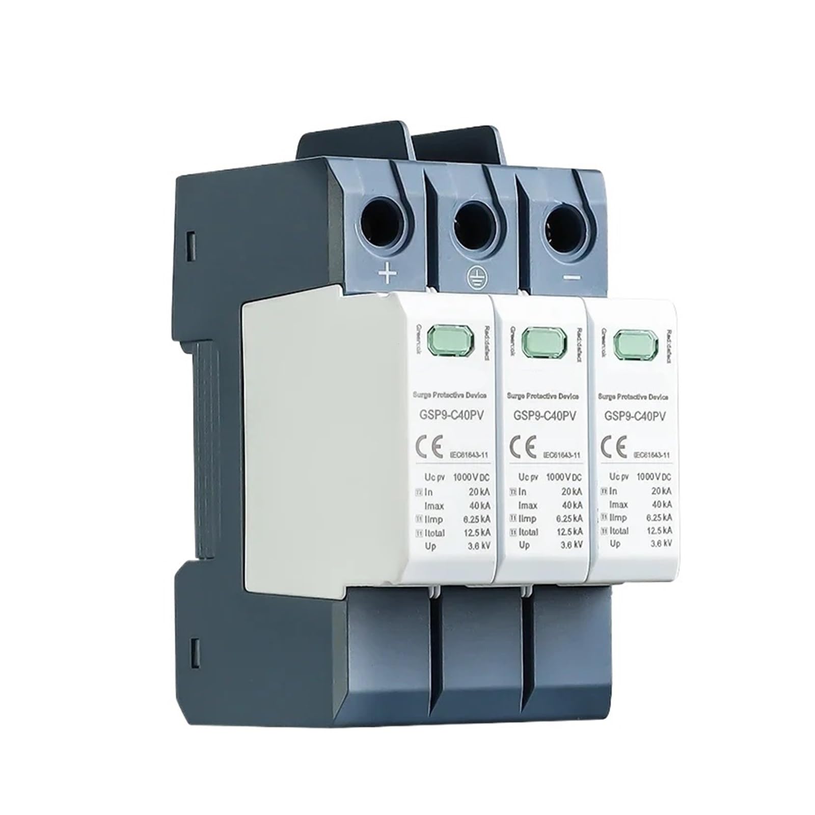 Protector contra sobretensiones y pararrayos Protector contra sobretensiones GSP9 3P for energía solar fotovoltaica, de bajo voltaje, con carril DIN, CC 600 V, 1000 V, 1500 V, 40 KA(3P 600VDC)